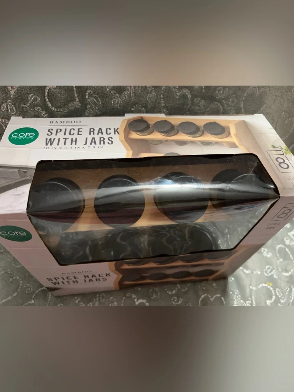 NWT Core Bamboo, Spice Rack with 8 Clear Jars and Black Lids